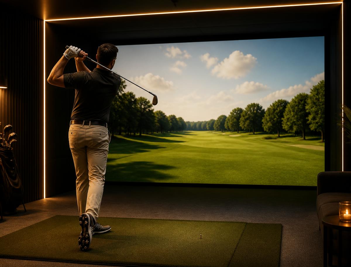 Guest hitting into a golf simulator screen at a Desert Launch event