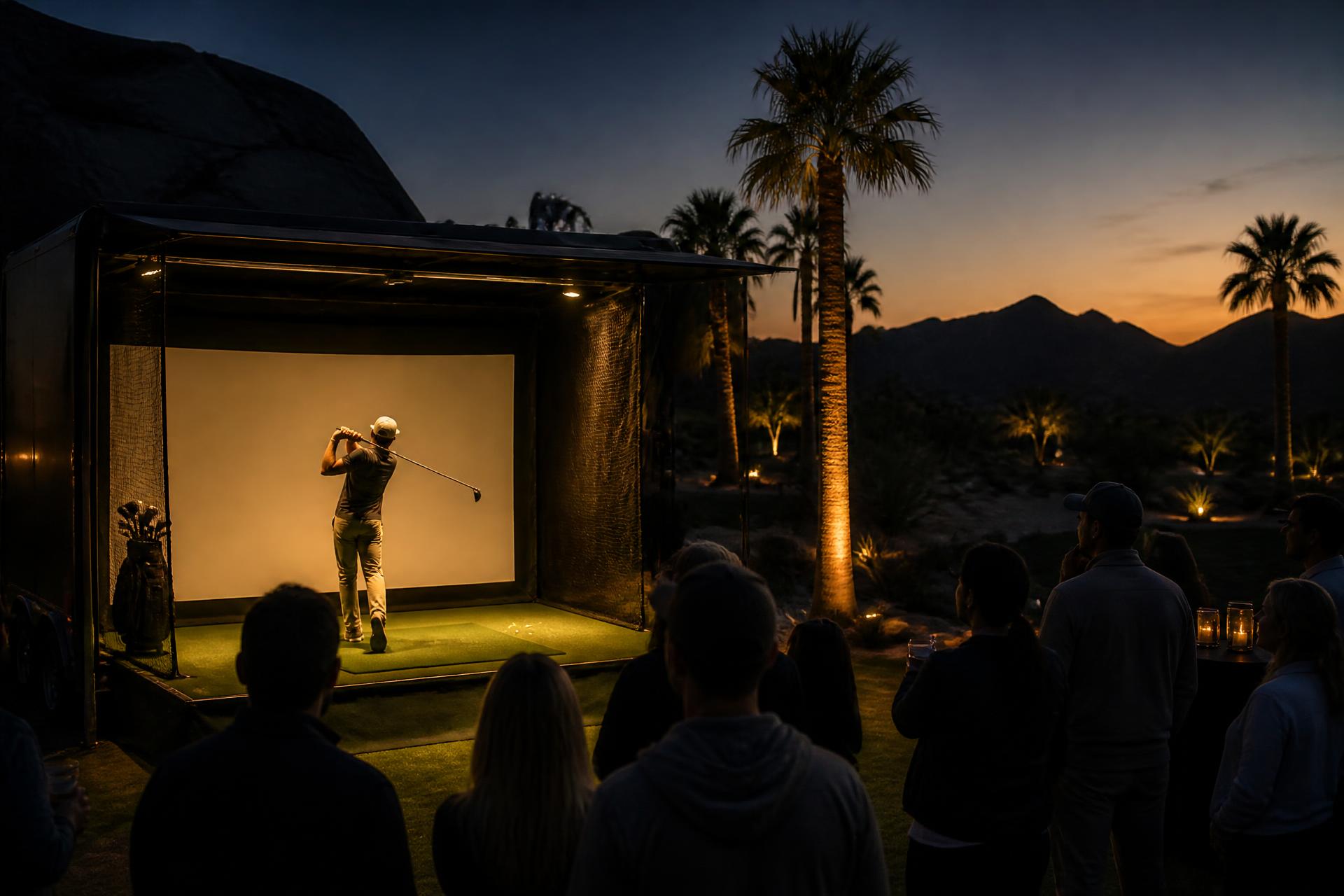 Mobile sports simulator set up outdoors at dusk with guests watching a player swing